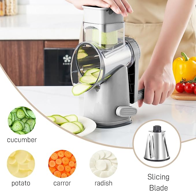 Weltonhm 4 in 1 Large Rotary Cheese Grater Hand Crank (Grey, 4 Graters) | Cheese Shredder Rotary and Slicer with 4 Stainless Steel Blades for Vegetables, Veggie and Cheese, Stronger Suction Base