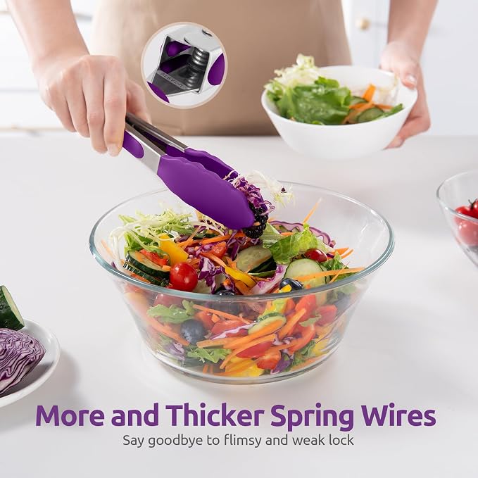 U-Taste Kitchen Tong for Cooking, 600ºF Heat-Resistant Tps, 7in/Purple | Small Mini Silicon Tongs for Serving Food, Short Salad Thong with Non Stick Rubber Tips & 18/8 Stainless Steel Handle