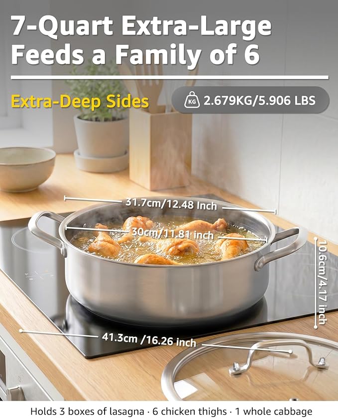 LOLYKITCH 7 QT Saute Pan with Lid & 12'' Frying Pan Set | Detachable Handle | Ceramic Nonstick | Tri-Ply Stainless Steel | Hybrid Cookware Set | Oven & Induction Ready | PFOA-FREE | For Searing Frying