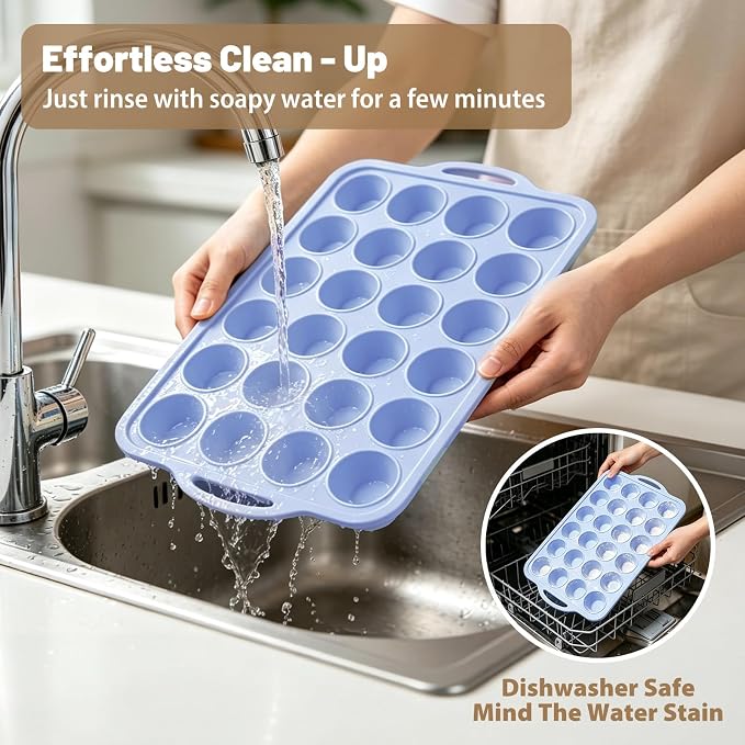 Mini Silicone Muffin Pan with Frame Non Stick Cupcake Tin Baking Mold | Silicone Cupcake Pan with Handles 24 Cup, BPA Free Silicon Muffin Tin Tray Small for Baking, Egg Bites, Cupcake Mold Blue