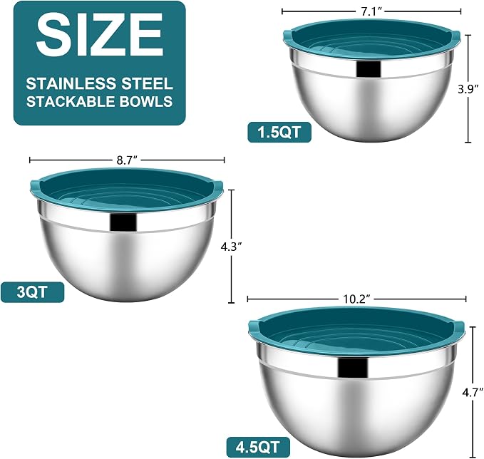 E-far Mixing Bowls with Lids, 6-Piece Stainless Steel Salad Bowls Metal Nesting Bowls for Baking Cooking and Prepping, Airtight Lids & Stackable Design, Size 4.5, 3, 1.5 QT (Blue)