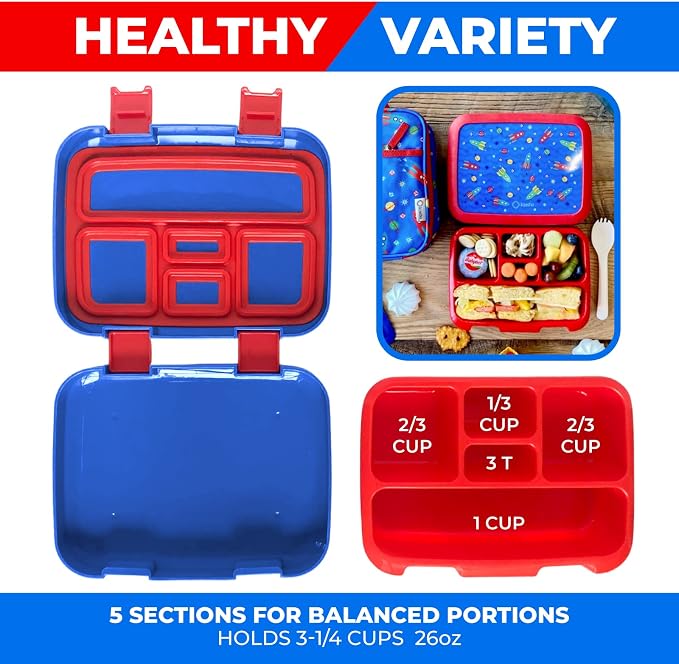 kinsho Bento Lunch Box Container for Small Kids, Boys, (Blue Space Rockets) | 5 Portion Sections, BPA-Free Spill-Proof Leakproof Removable Plastic Tray, Snacks and Lunches for Toddlers Pre-School Daycare