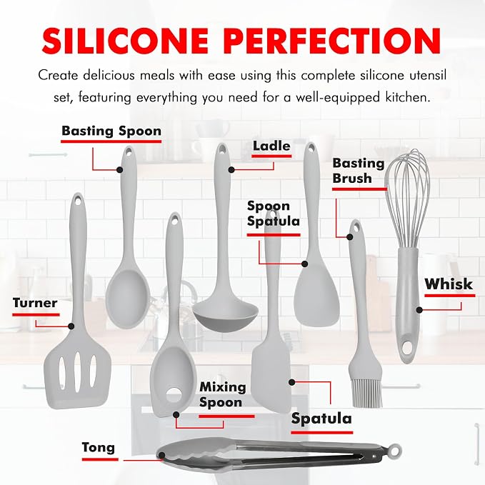 Chef Craft - Premium Silicone Kitchen Tools and Utensils Set, Non-Scratch, Withstands Temperatures up to 450°F, BPA-Free, 9 Piece Cooking Utensils Set, Gray