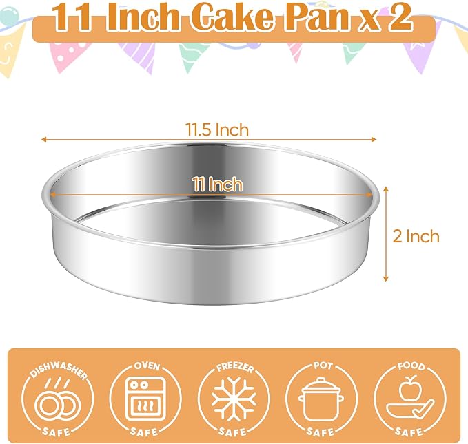 E-far 11 Inch Cake Pan Set of 2, Stainless Steel Round Baking Pans Tins | Non-Toxic & Leak-Proof Mold for Birthday Wedding Layer Tiered Cake, Easy Clean & Dishwasher Safe