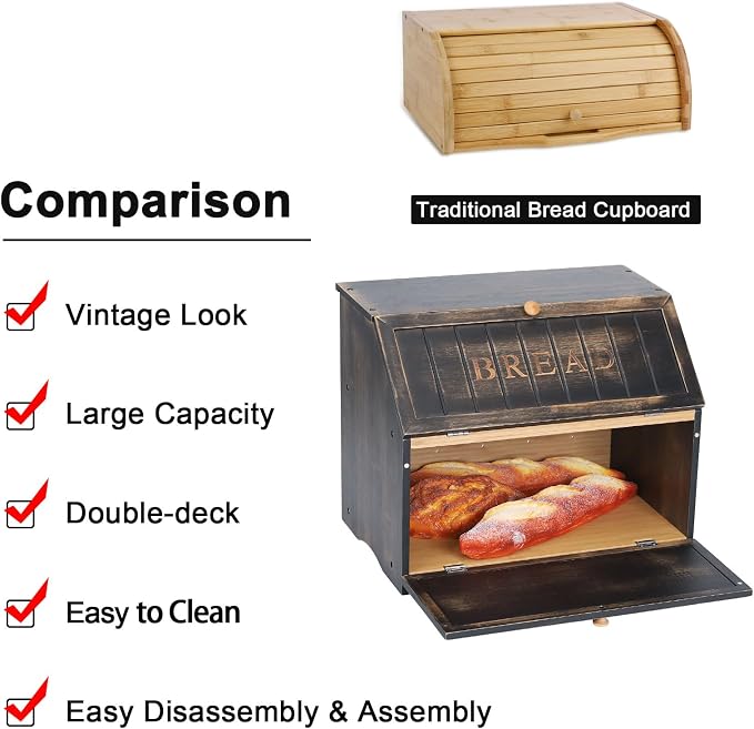 HOMEKOKO Vintage Double Layer Large Bread Box, Wood Bread Storage Bin,Black | Keeps Bread Fresh 3-4 Days, 2-Tier Capacity Fits 2+ Loaves,Suitable For Farmhouse/Rustic Kitchens Use, Retro Design