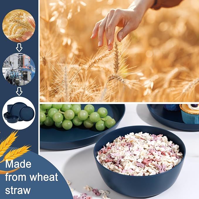 EjonirInjonir 12pcs Unbreakable Blue Dishes Set for Camping, Wheat Straw | Eco-Friendly, Reusable Wheat Straw Dinnerware Sets with Deep Wheat Straw Plates for Outdoor Family Picnic and RV Dining