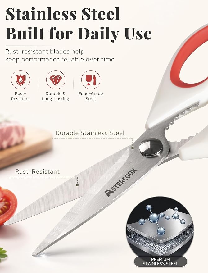 Astercook Kitchen Scissors 3 Pack, Heavy Duty All Purpose Kitchen Shears for Food and Packaging, Stainless Steel Food Scissors for Meat, Poultry, Herbs and Vegetables, Dishwasher Safe