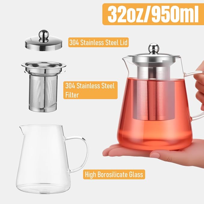 Baalaka Tea Infuser Pot, 32 oz Clear Borosilicate Glass Kettle, Stovetop | Removable 18/8 stainless steel strainer handles loose leaf, fruit or herbal blends; wide mouth and angled spout ease use