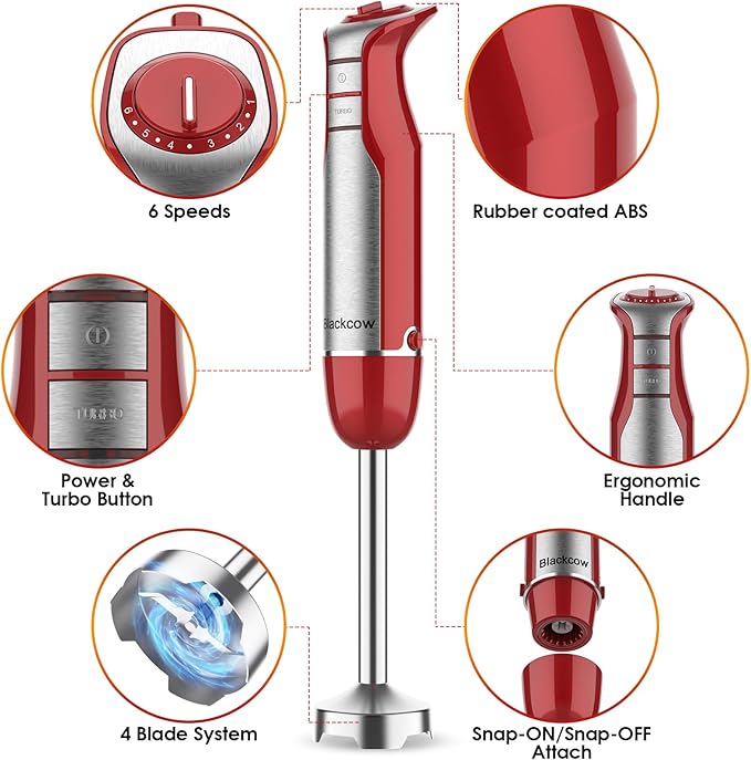Blackcow Immersion Blender Handheld, Corded Hand Blenders Set 800W, 6 Speed Stick Blender 5 in 1 Stick Emulsifier with Chopper, Whisk and Frother for Soup, Baby Food and Smoothies, Red