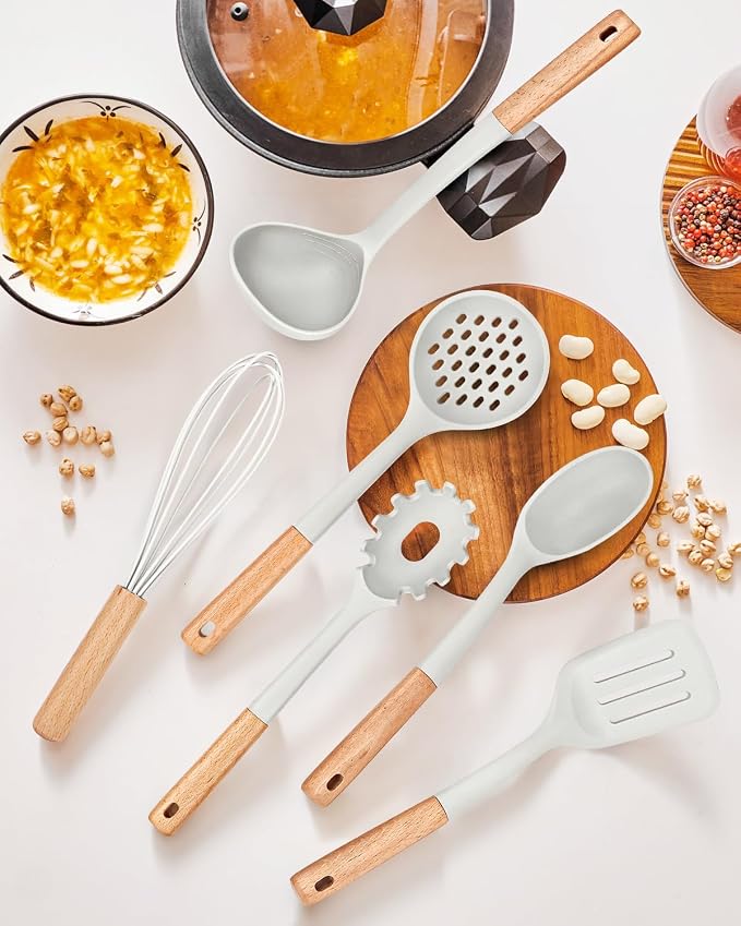 13PCS Silicone Kitchen Utensils Set for Nonstick Cookware, White | Food Grade, Heat Resistant Kitchen Utensil Spatula Set, Wooden Handles Kitchen Gadgets Tools Set