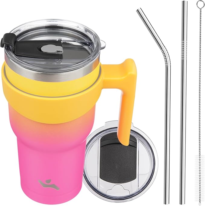 Konokyo 30 oz Tumbler with Handle and Straw, Insulated Travel Mug | Rainbow; BPA-free, leak-proof tumbler with 2 lids, 2 straws, cup holder fit for coffee, office, travel & daily use
