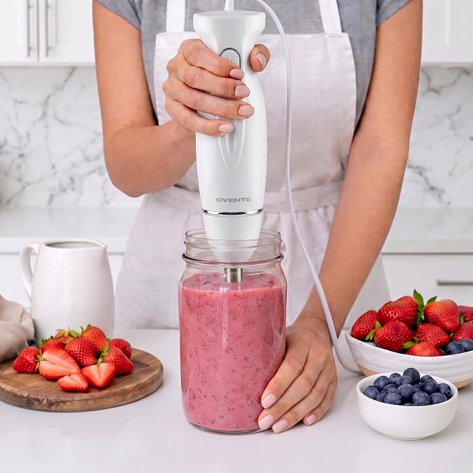 OVENTE Electric Corded Hand Blender, 300W with 2 Mixing Speeds White HS560W | Handheld Immersion Stick Mixer with Stainless Steel Blades for Smoothies, Purees & Baby Food
