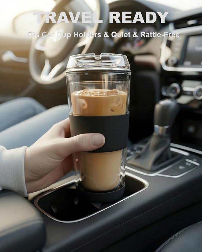 14oz Double Walled Glass Coffee Tumbler with Full Glass Lid | Silicone Sleeve, Non-Slip Insulated Travel Mug, Protective Bottom Bumper, 100% Plastic-Free