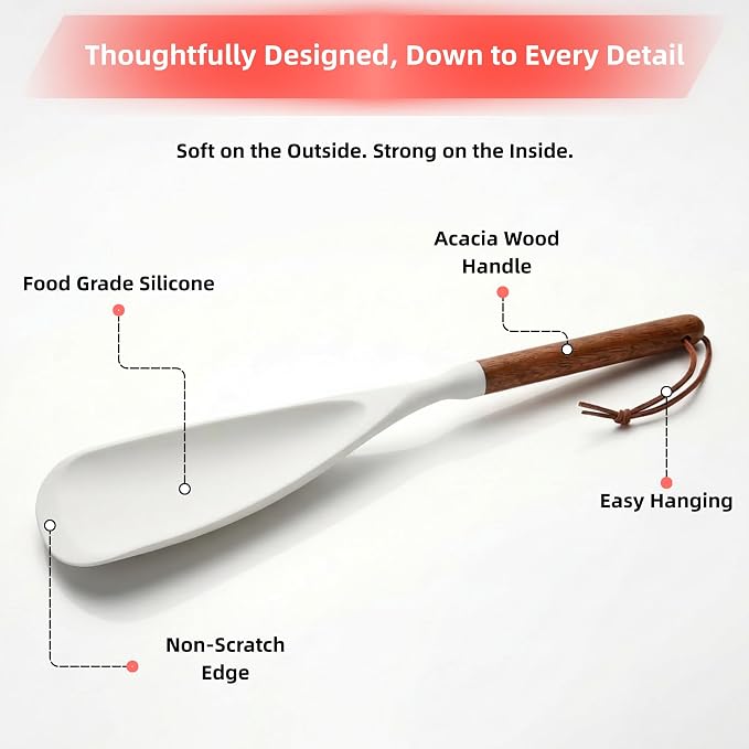 2-Pack Silicone Spoonula with Wooden Handle, BPA-Free Spatula Spoon for Nonstick Cookware, Heat Resistant Cooking Spoon for Mixing, Scraping, Scooping and Serving(White)