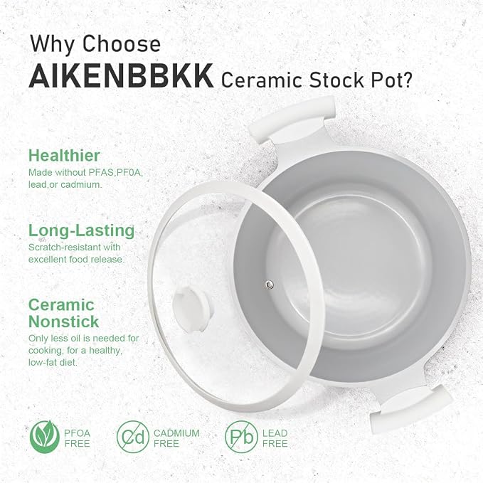 AIKENBBKK 7 QT Ceramic Stock Pot with Lid, Non Stick Cooking Pot, Soup Pot Nonstick, Induction Cookware for Pasta, Soup, Spaghetti, Stay-Cool Handle, Suitable for All Stoves, PFAS-Free, White