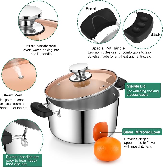 P&P CHEF 6 Qt Stockpot with Lid, Stainless Steel Stock Pot, 3-Ply Metal | Cooking Pot for Soup Pasta, Heat-Proof Double Handles with Visible Lid, Dishwasher Safe & Healthy Use