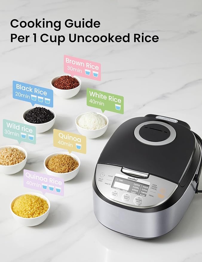 COMFEE' Rice Cooker with Fuzzy Logic, 11-Preset Modes, 6-Cups Uncooked Rice | 12 cups cooked, japanese rice cooker style, portable non-stick rice maker, steamer, fast, grain cooker, 24-hour delay timer