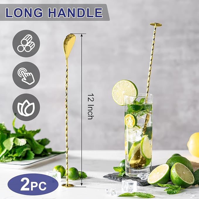 Bar Spoon Cocktail Mixing Stirrers, 2Pcs, 12” with Round Base, Gold | 18/8 Stainless Steel, Long Handle, Flat Base for Tabletop Standing, Stirrer & Muddler for Coffee & Drinks