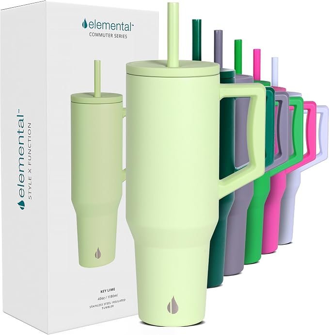 Elemental Spill Proof 40oz Insulated Tumbler with Handle & Straw Travel Mug | Stainless Steel Commuter Travel Coffee Mug for Cold Beverages, Includes 2 Straws & a Spill Proof Lid for Everyday Use