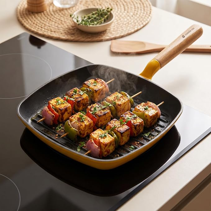CUMIN CO. Enameled Cast Iron Grill Pan 10 Inch, 1.2 QT Grill Skillet – Non Toxic PFAS Free Cookware – 4 Layer Enamel Coated – Indoor Grill Pan for Steak, Chicken, Burgers & Vegetables (Mustard)