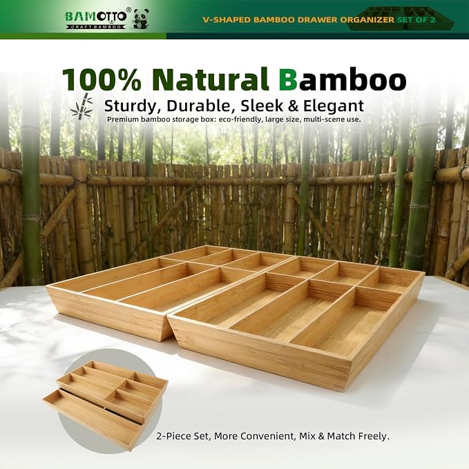 BAMOTTO CRAFTBAMBOO 13 Slot V-Shaped Bamboo Drawer Organizer Set of 2 | Cutlery Tray | Silverware & Flatware Organizer | Utensil | Kitchen & Bathroom | Extra Large 19.6"×14.6" & 19.6"×12.4"