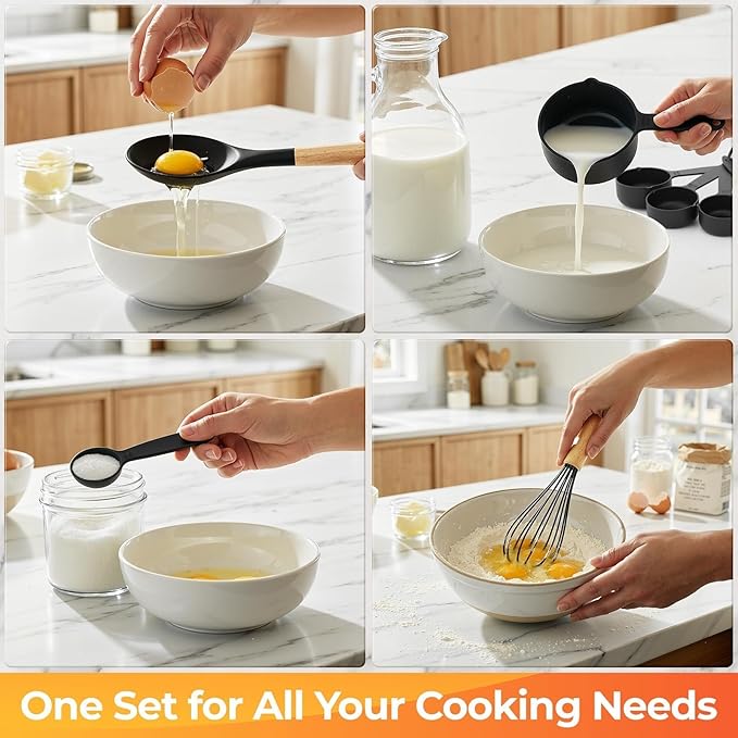 33Pcs Kitchen Utensils Set Silicone Cooking Utensils Set with Wooden Handle | Heat-Resistant, Dishwasher Safe, BPA-Free Silicone Kitchen Utensil Set with Wooden Handles & Holder for Nonstick Cookware