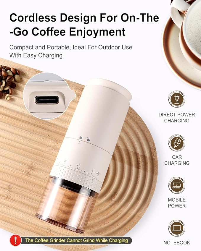 Lamido Portable Electric Coffee Grinder with Ceramic Burr - Visual Bean Hopper - 38 Adjustable Grind Settings - 1.8X Faster Grinding - 2000 mAh Rechargeable (Light Beige, E90M)