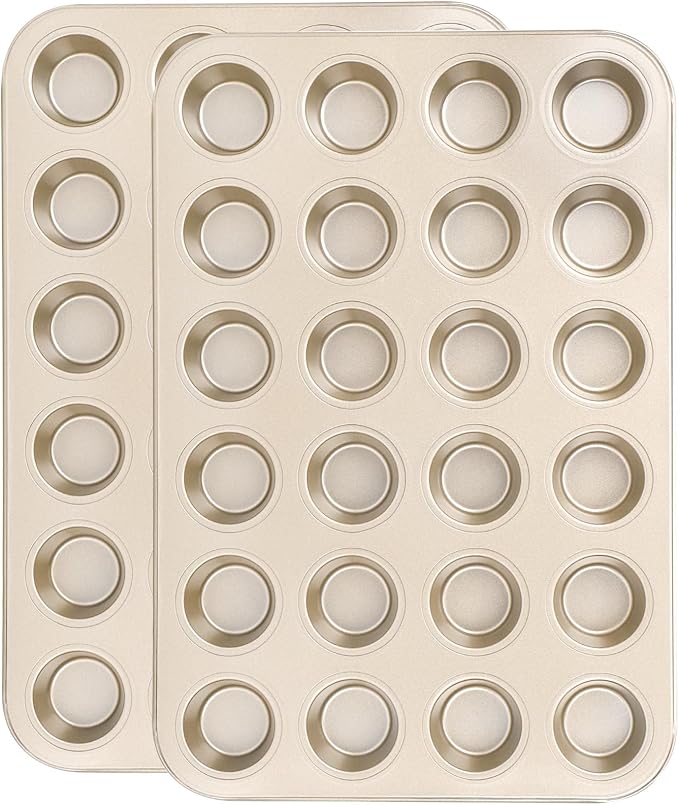 Beasea Nonstick Mini Muffin Pan 24 Cups, 2 Pack 24 Mini Small Tiny Cup Non Stick Muffin Baking Pan Tin Tray Carbon Steel Bakeware Individual Cupcake Baking Pan - Gold