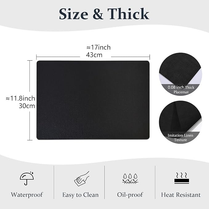 FROMHEART Faux Leather PU Placemats Set of 6 (Black,11.8" x 17") | Waterproof,Heat/Oil Stain-Resistant Table Mat–Reversible,Non-Slip,Easy to Clean Place Mats for Kitchen,Dining,Indoor/Outdoor