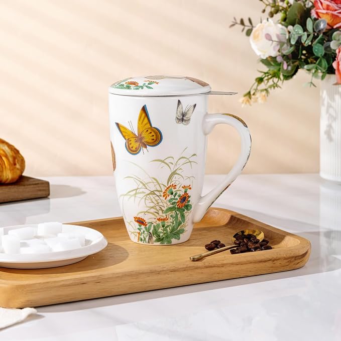 AmorArc Tea Cup With Infuser and Lid, 18oz Loose Leaf Tea Mug With Steeper | Porcelain Tea Mug With Infuser and Lid, Strainer Tea Cup for Tea Lovers, Home & Office, Housewarming Birthday Gift