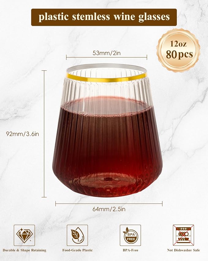 Goodluck 80 Pack 12oz Stemless Clear Ribbed Plastic Wine Glasses Gold Rim | Fancy Reusable Disposable Drinkware for Weddings, Parties, Bars, Indoor and Outdoor Events