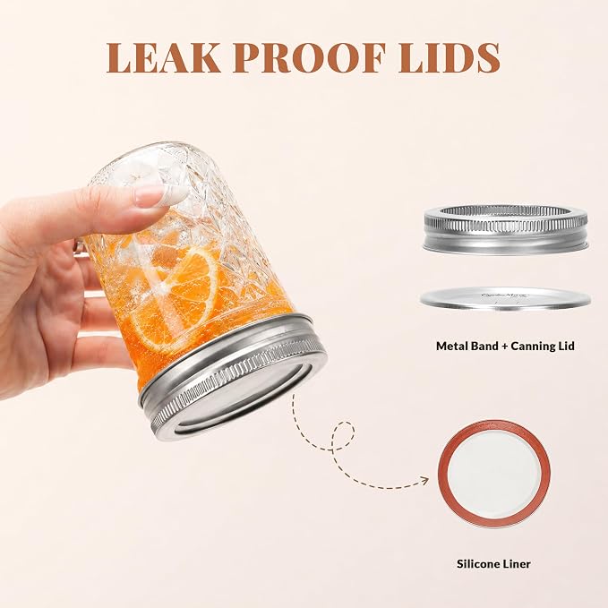 CycleMore Mason Jars 8 oz, 24 Pack Half Pint Canning Jars with Split Lids | Crystal Body, AirTight, BPA Free, Glass Canisters Ideal for Fermenting, Jam, Honey, Pickling, Wedding Favors, DIY Decors