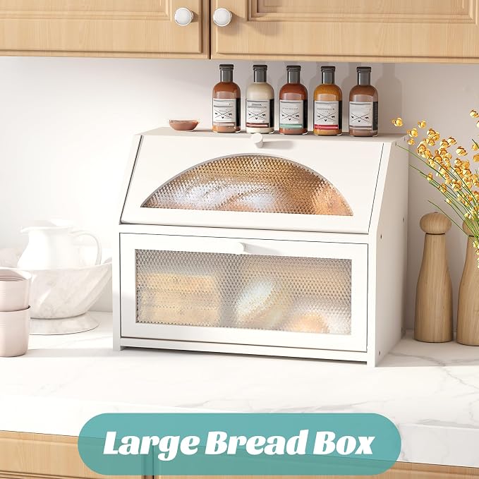 White Bread Box, Bamboo Wood Bread Box for Kitchen Counter, Double-layer Bread Storage Bin, Acrylic glass with Diamond Patterns (White, Large)