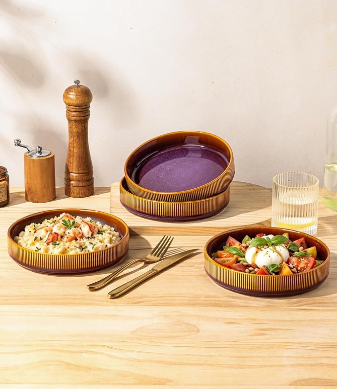 7.5" Ceramic Pasta Bowls Set of 4, Salad Bowls | Versatile Serving Bowls for Pasta, Salad, Fruit & Noodles, Housewarming & Wedding Gift, Amber Amethyst