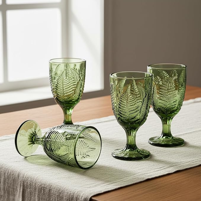 Green Glass Goblets Set of 4, Colored Wine Glasses, Vintage Fern Glassware | Hand-Pressed, Dishwasher Safe, Boho Leaf-Textured Drinkware, Embossed Stemware for Water, Cocktails, Retro Style Kitchen Gift