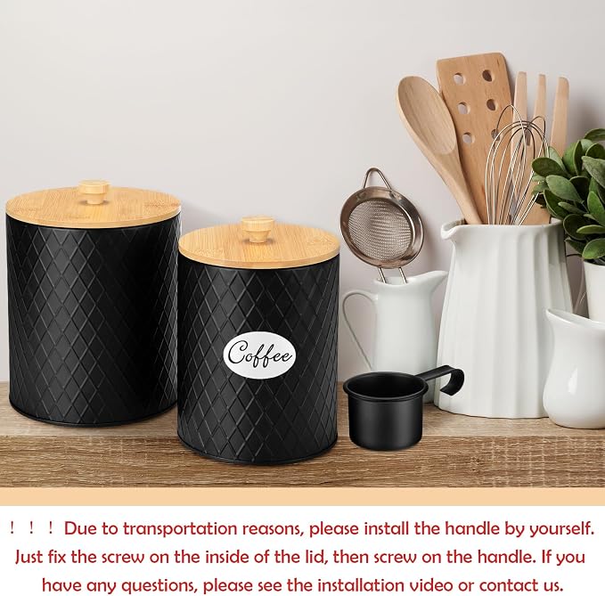 Reallnaive 2 Pcs Black Coffee Canister Set for Kitchen Countertop Bar Flour Sugar Tea Storage Container Farmhouse Metal Spice Jar with Airtight Bamboo Lid Spoon & Labels Housewarming Gift (2 Sizes)