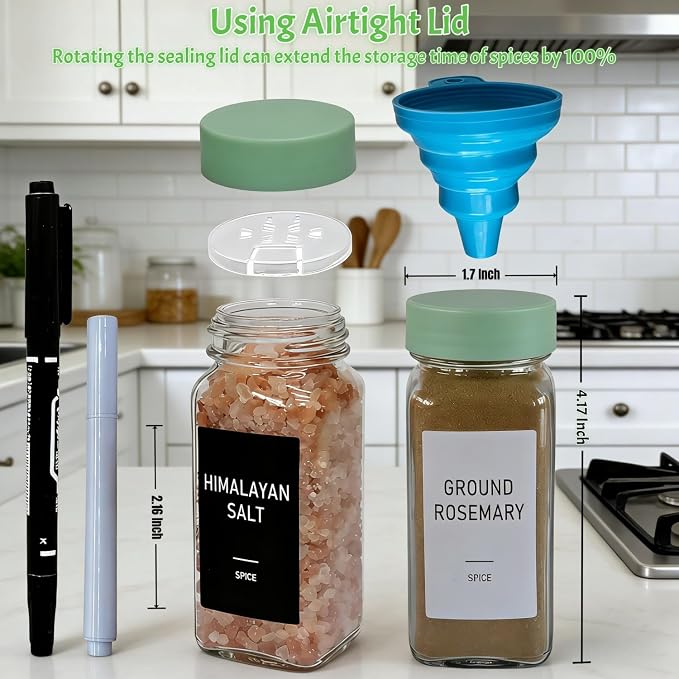 Spice Jars with Labels - 24 Glass Spice with Shaker Lids & Airtight Plastic Caps - 4oz Complete Seasoning Containers Organizer Set for Cabinet, Drawer & Rack (Light Green)