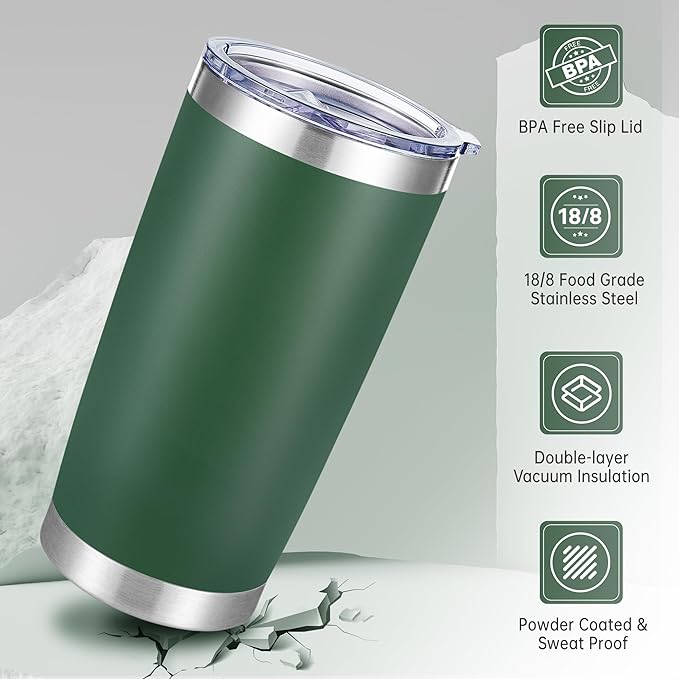 20 oz Tumblers Bulk Stainless Steel Tumbler with Lid, 6 Pack | Deep Green, 20oz Insulated Coffee Mug, Double Wall Vacuum, Powder Coated Cup, for Hot and Cold Drinks