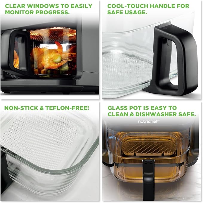 Nutrichef 5.8 Quart Air Fryer | 8-1 Preset Cook Modes | Transparent Fry Bowl for Best Cooking Results | Cook Shrimp, Steak, Fries, Wings, Chicken & More | Precise Temperature Control & Time | Grey