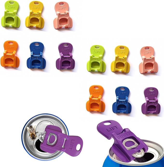 12PCS Colorful Soda Can Tab Openers & Leak-Proof Drink Covers | One-Hand Soda Can Opener and Reusable Protector Caps for Coke, Beer, Soda, and Aluminum Cans for Parties, BBQ, Camping&Travel