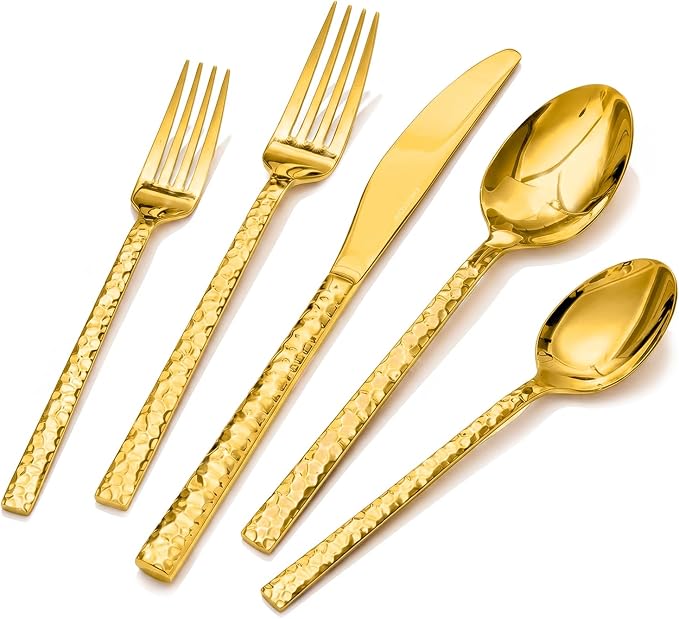 20 Piece Gold Silverware Set, 18/10 Stainless Steel Hammered Flatware for 4 | KINGSTONE Flatware set Includes Fork Spoon Knives, Cutlery Utensil Set for Party,Wedding, Mirror Polished Dishwasher Safe