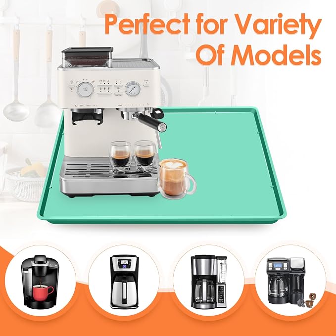 Silicone Coffee Maker Mat with Lip for Countertops, 19.7''x15'', Mint Green | Multi leak-proof coffee tray for countertop, non-slip silicone tray for under coffee machine espresso accessory, wipe-clean