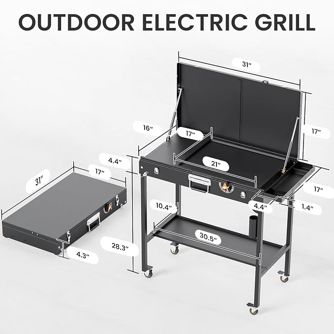 2-in-1 Outdoor Table & Electric Grill 1800W | Portable & Foldable | Nonstick Cooking Surface | Outdoor Kitchen & Backyard Barbecue