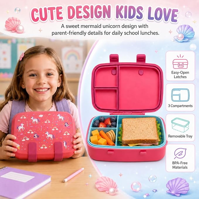 MISS BIG Microwave Safe Bento Box for Kids, Pink Mermaid Unicorn, 800ml | Kids lunch box with 3 compartments for preschool, daycare, school meals, snacks, and everyday kid portions