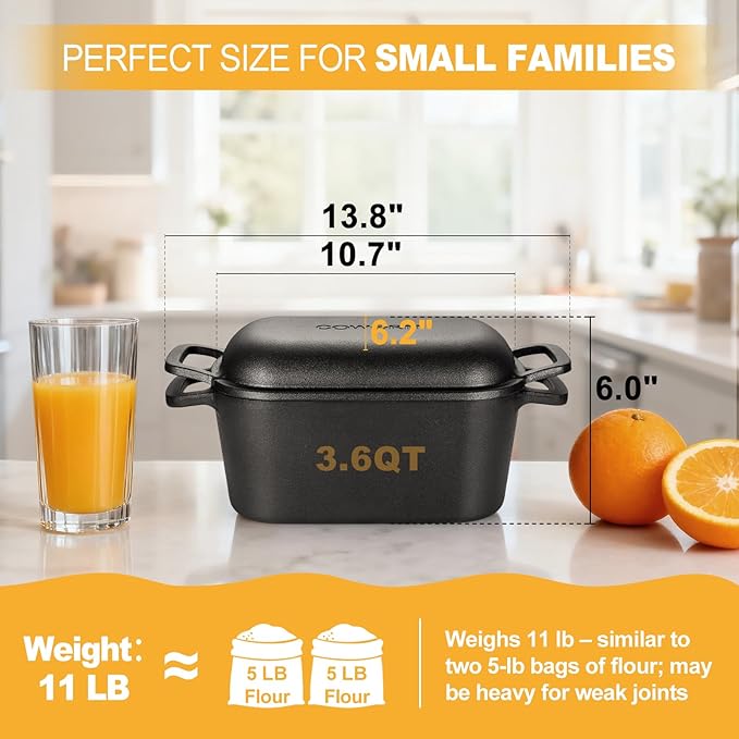 3.6 QT Cast Iron Loaf Bread Pan with Lid, Oval Dutch Oven for Bread Baking | Pre-Seasoned, Even Heat, Easy Release, Heavy-Duty, Oven Mitts & Recipe Book Included