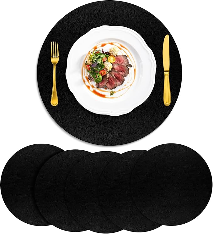 ADRIMER Placemats, Heat Resistant Round Placemats Set of 6 Washable, Waterproof Table Mats, Wipeable Faux Leather Place Mats for Kitchen, Dining Room, Black