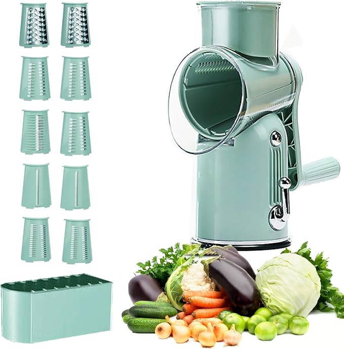 Rotary Cheese Grater with Handle, Vegetable Chopper Quick Chop Blades, Compact Design for Home and Professional Kitchens Meal Prep Tool, Kitchen Gadget 5-in-1 with Blade Storage Box (Light Green)
