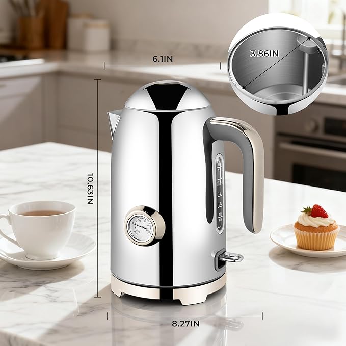 SUSTEAS 57oz Electric Kettle with Thermometer, Hot Water Pot, Glossy Silver | Electric Tea Kettle for Boiling Water, 1500W Stainless Steel Pot, Cordless LED Indicator, Auto Shut-Off & Boil Dry Protection