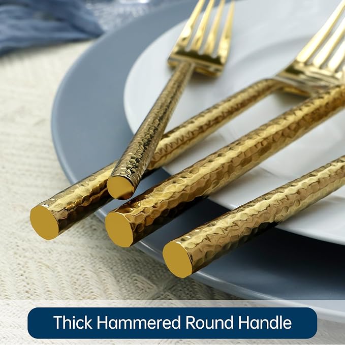 Gold Silverware Set 40 Piece Hammered Round Handle Service for 8 | 18/10 Stainless Steel Flatware Set, Heavy Duty Utensil, Cutlery Set for Home Party Wedding, Mirror Polished Dishwasher Safe