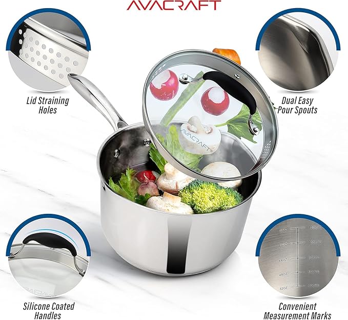 AVACRAFT 3.5 Quart Stainless Steel Saucepan with Glass Strainer Lid | 18/10 Stainless Steel, 5-Ply Capsule Base, Dual Pour Spouts, Induction Compatible, Ergonomic Handle, Dishwasher Safe